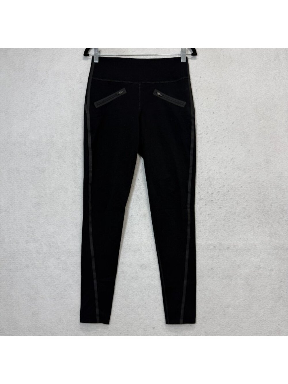 Spanx Leggings Womens Medium Black High Rise Shaping Zip Pockets Side Stripe